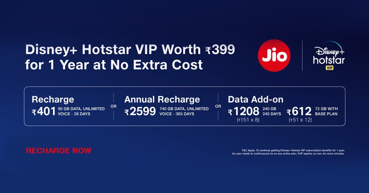 Jio offers free disney+ Hotstar Vip subsciption for its users.